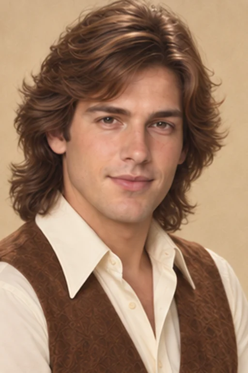 The same person in a 70s-inspired portrait with long feathered layers, a cream wide-collar shirt and a brown vest
