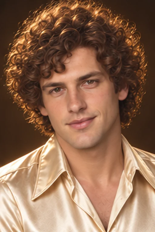 The same person in a 70s-inspired portrait with full rounded curls, a champagne satin shirt and warm golden highlights