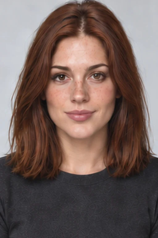Modern portrait with a simple charcoal top and a pale gray backdrop