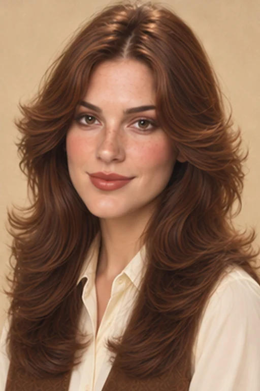 The same person in a 70s-inspired portrait with long feathered layers, a cream wide-collar shirt and a brown vest, cocoa eye makeup and peach lips