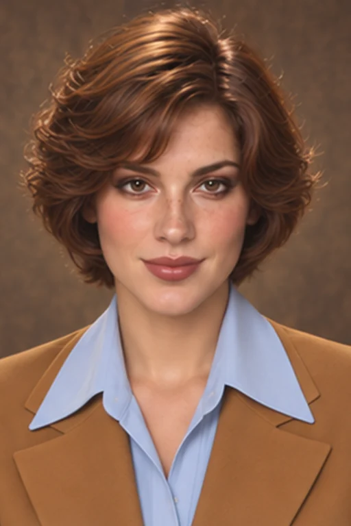 The same person in a 70s-inspired portrait with short side-parted hair, a caramel blazer and a pale blue shirt, bronze eye makeup and rose lips