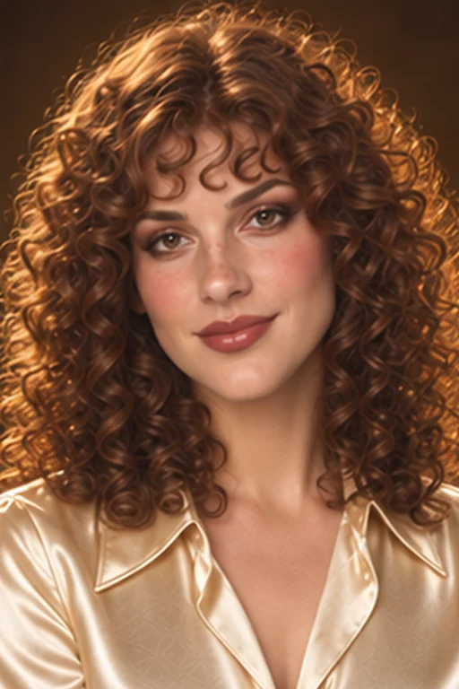 The same person in a 70s-inspired portrait with full rounded curls, a champagne satin shirt and warm golden highlights, copper shimmer makeup and glossy lips