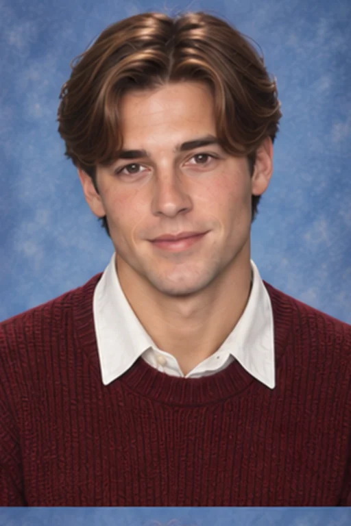 The same person in a 90s-inspired portrait with a neat portrait hairstyle, a burgundy sweater and a mottled blue studio backdrop