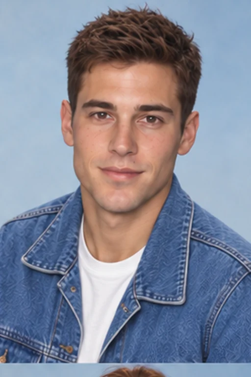 The same person in a 90s-inspired portrait with a lifted hairstyle and a denim jacket over a plain tee
