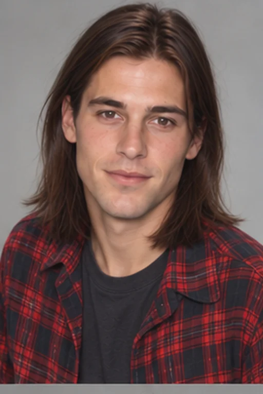 The same person in a 90s-inspired portrait with straight center-parted hair and a plaid shirt with muted snapshot lighting