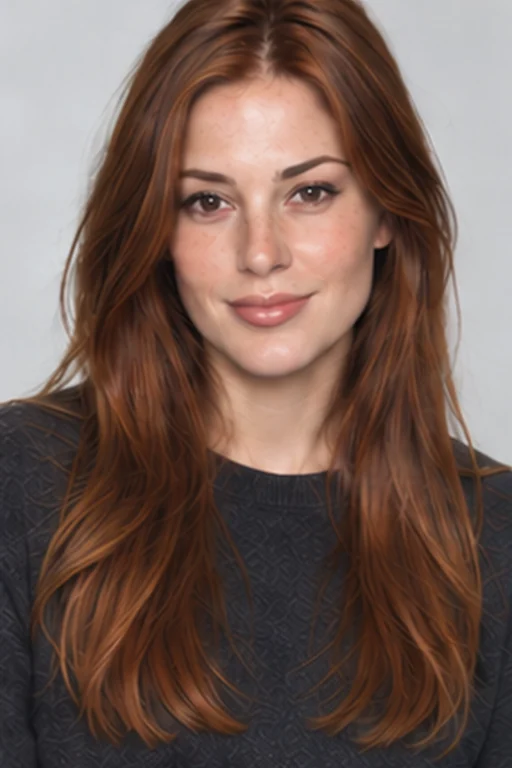 Modern portrait with a simple charcoal top and a pale gray backdrop