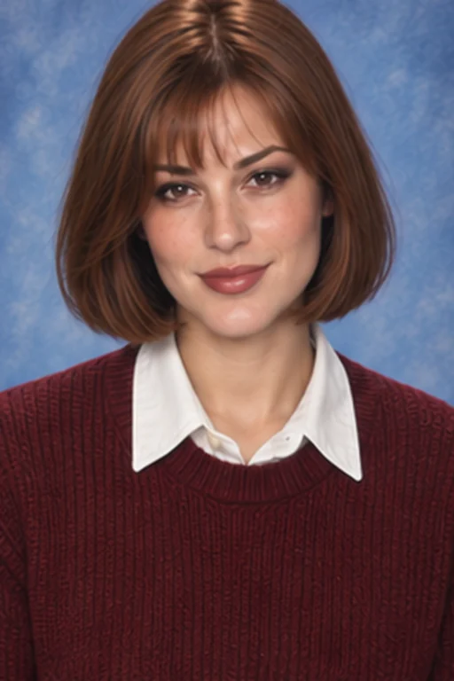 The same person in a 90s-inspired portrait with a neat portrait hairstyle, a burgundy sweater and a mottled blue studio backdrop, taupe eye makeup and rosy-brown lips