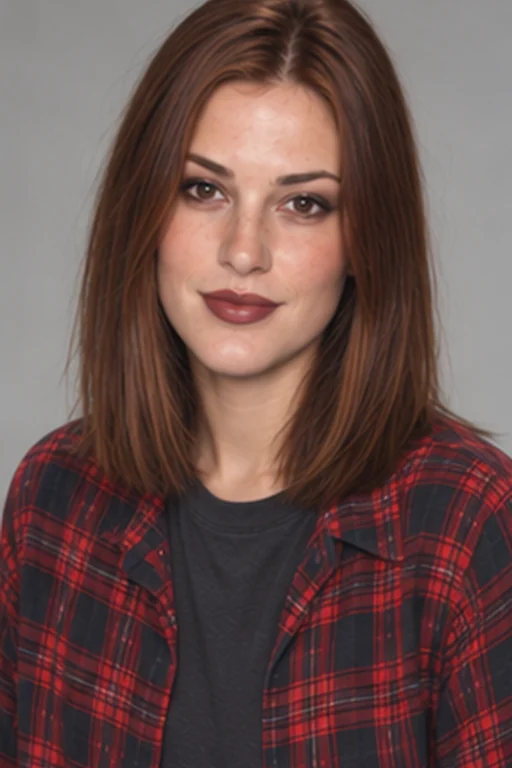 The same person in a 90s-inspired portrait with straight center-parted hair and a plaid shirt with muted snapshot lighting, smoky eye makeup and burgundy lips