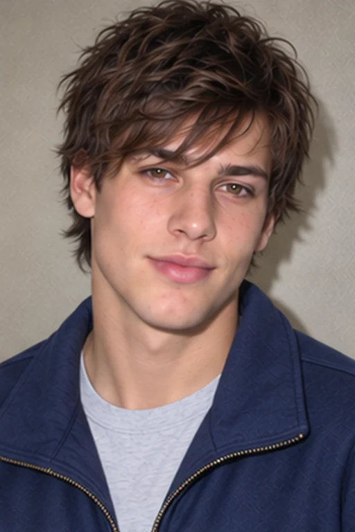 The same person in a Y2K-inspired portrait with a casual zip-up jacket, direct flash and a visible indoor background shadow