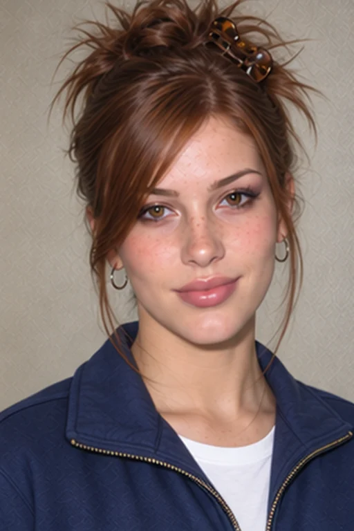 The same person in a Y2K-inspired portrait with a casual zip-up jacket, direct flash and a visible indoor background shadow, bronze eye makeup and neutral lip gloss