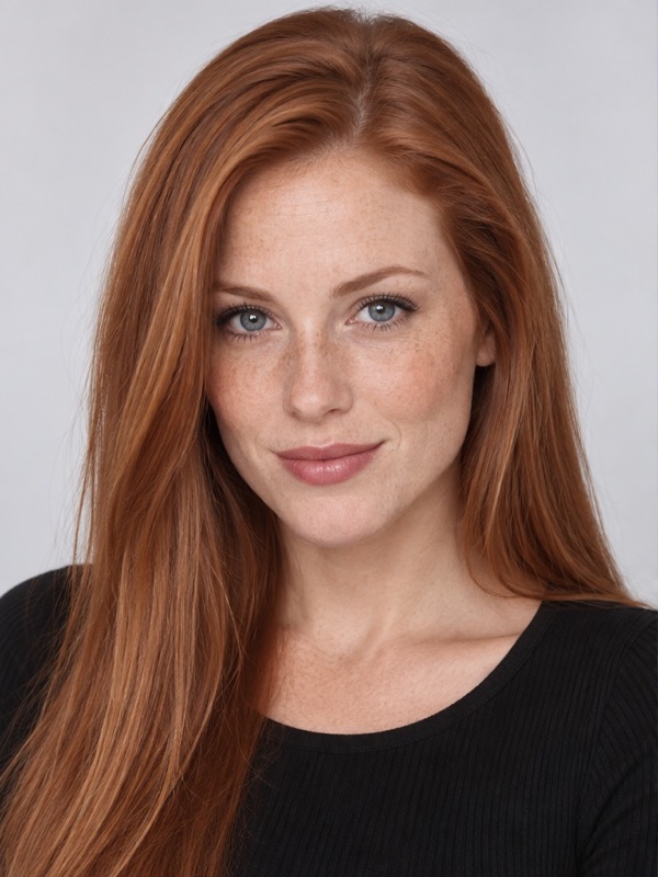 Modern portrait of a red-haired woman with freckles, straight copper hair and a black top