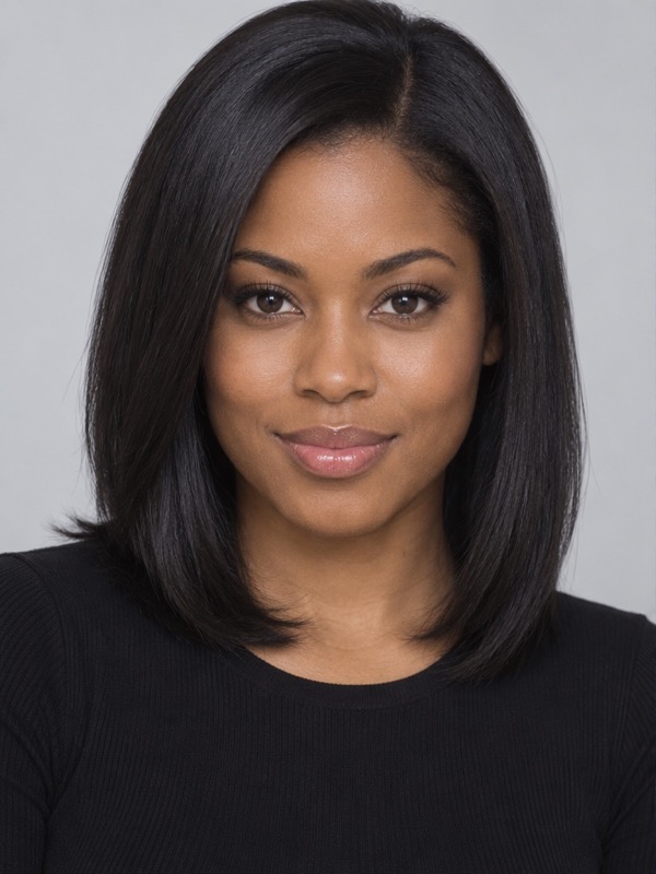 Modern portrait of a Black woman with smooth straight hair and a black top