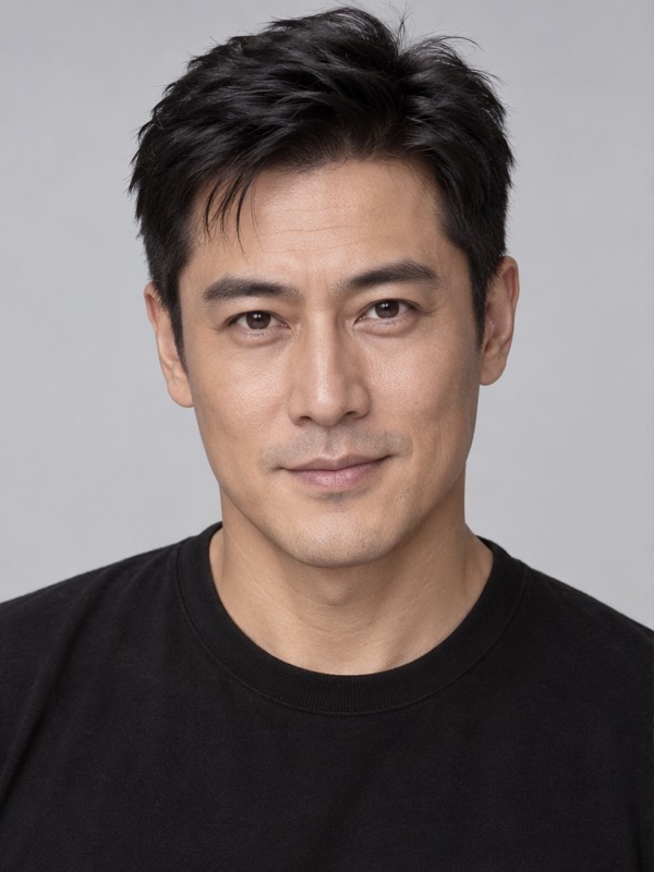 Modern portrait of an East Asian man with short hair and a black shirt