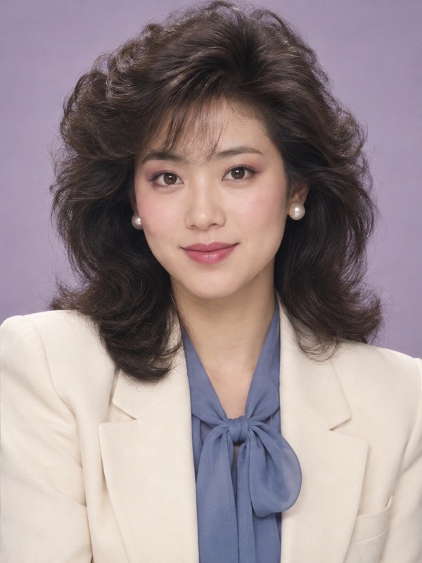 The same East Asian woman in the same pose with feathered hair, cream blazer and blue blouse in an 80s portrait