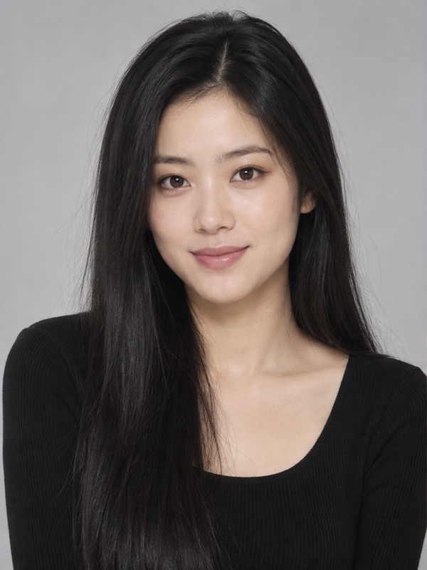 Modern portrait of an East Asian woman with straight black hair and a black top