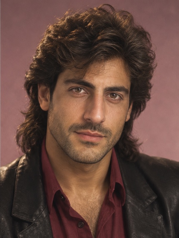 The same Middle Eastern man in the same pose with feathered hair, a burgundy shirt and a black jacket in an 80s portrait