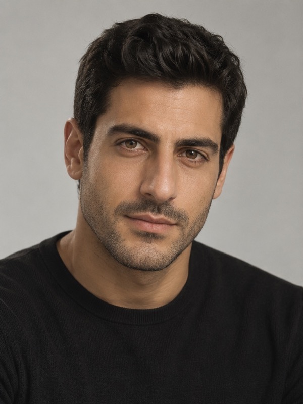 Modern portrait of a Middle Eastern man with short dark hair and a black top