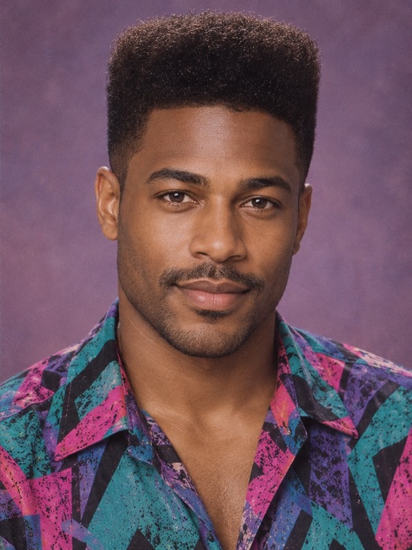 The same Black man in the same pose with high-top curls and a colorful vintage shirt in an 80s portrait