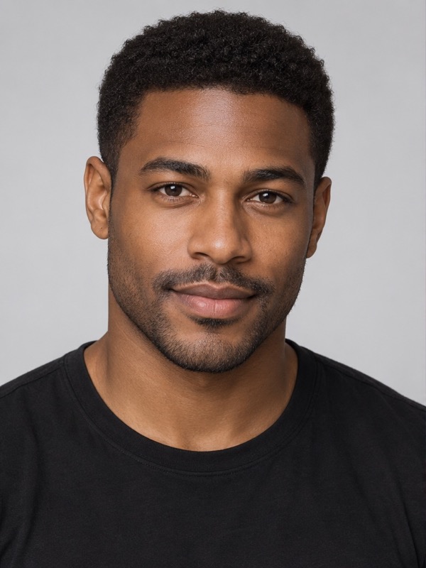 Modern portrait of a Black man with short hair and a black T-shirt