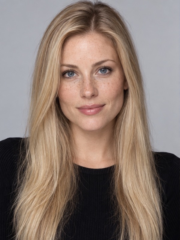 Modern portrait of a blonde woman with freckles, straight blonde hair and a black top