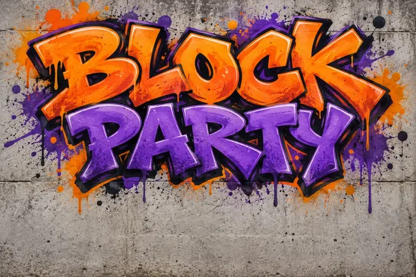 BLOCK PARTY in orange and purple graffiti with space below for event details