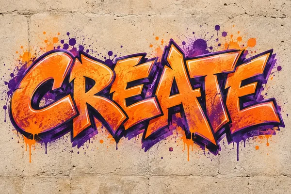 CREATE in orange and purple graffiti lettering on pale concrete