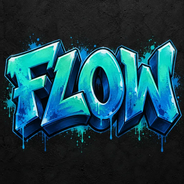 FLOW in teal and blue dimensional graffiti letters on a dark background