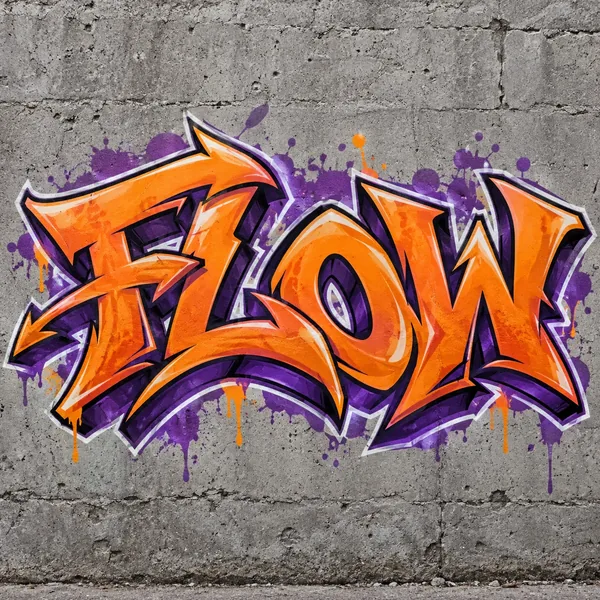 FLOW in orange and purple interlocking wildstyle graffiti on concrete