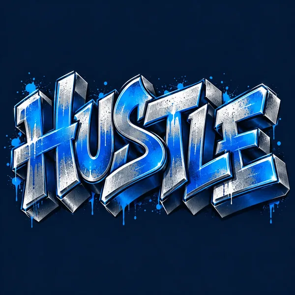 HUSTLE in blue and silver 3D graffiti on dark navy
