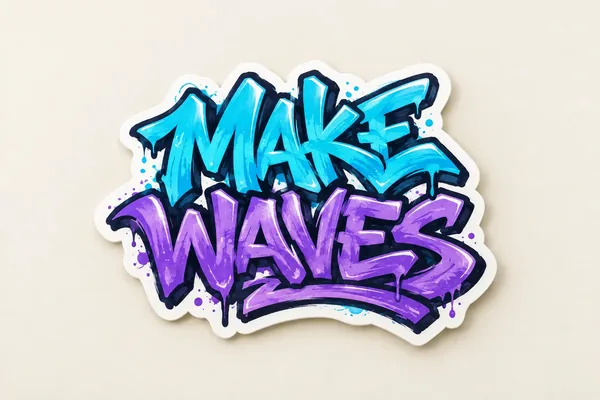 MAKE WAVES cyan and purple graffiti on a white-bordered sticker mockup