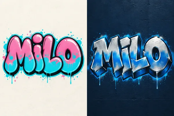 MILO in pink and cyan bubble letters beside a blue and silver 3D treatment