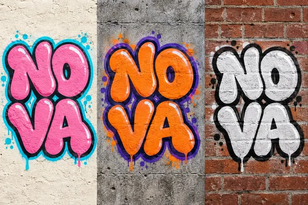 NOVA graffiti shown with candy colors on ivory, orange and purple on concrete, and black and white on brick