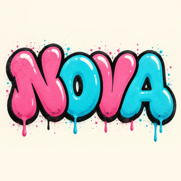 NOVA in pink and cyan bubble graffiti letters on a plain ivory background