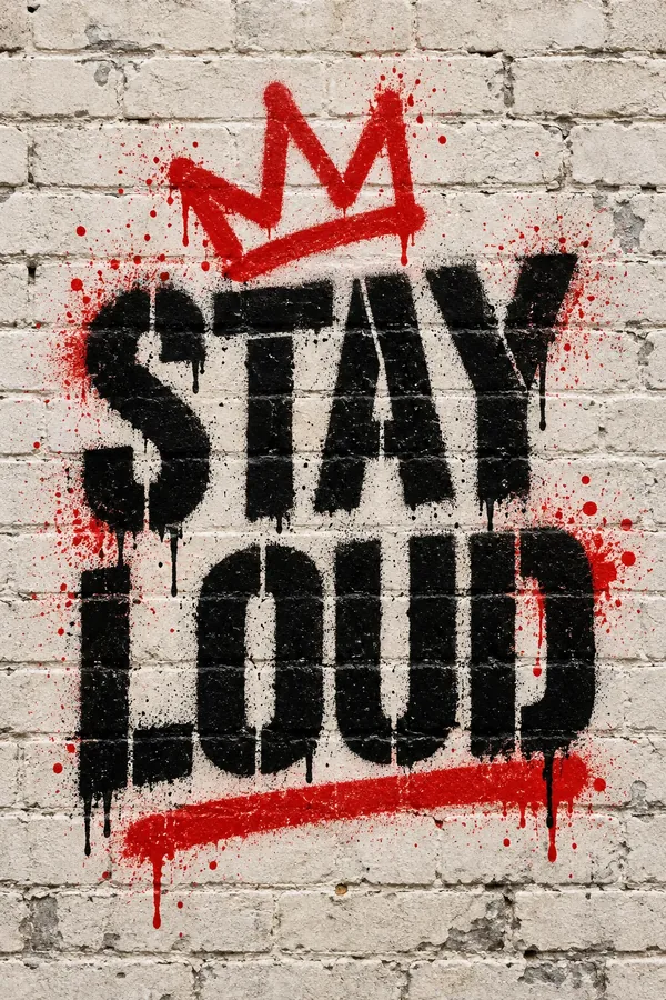 STAY LOUD in black stencil graffiti with red spray accents on pale brick