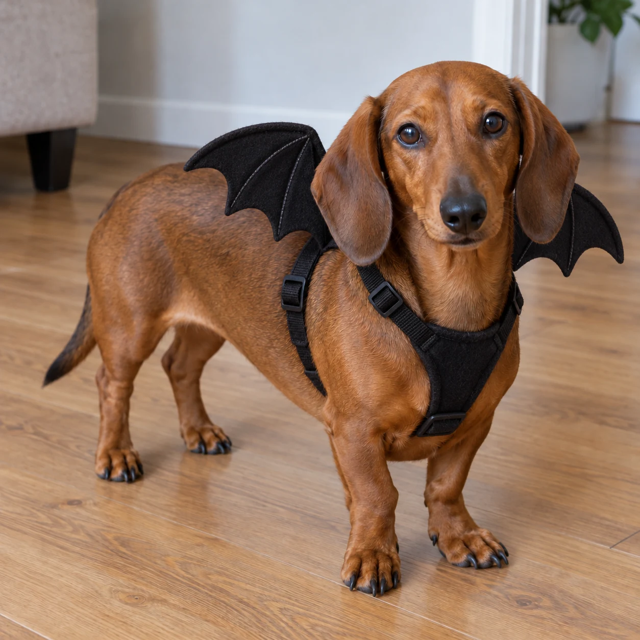 Dachshund wearing decorative bat wings
