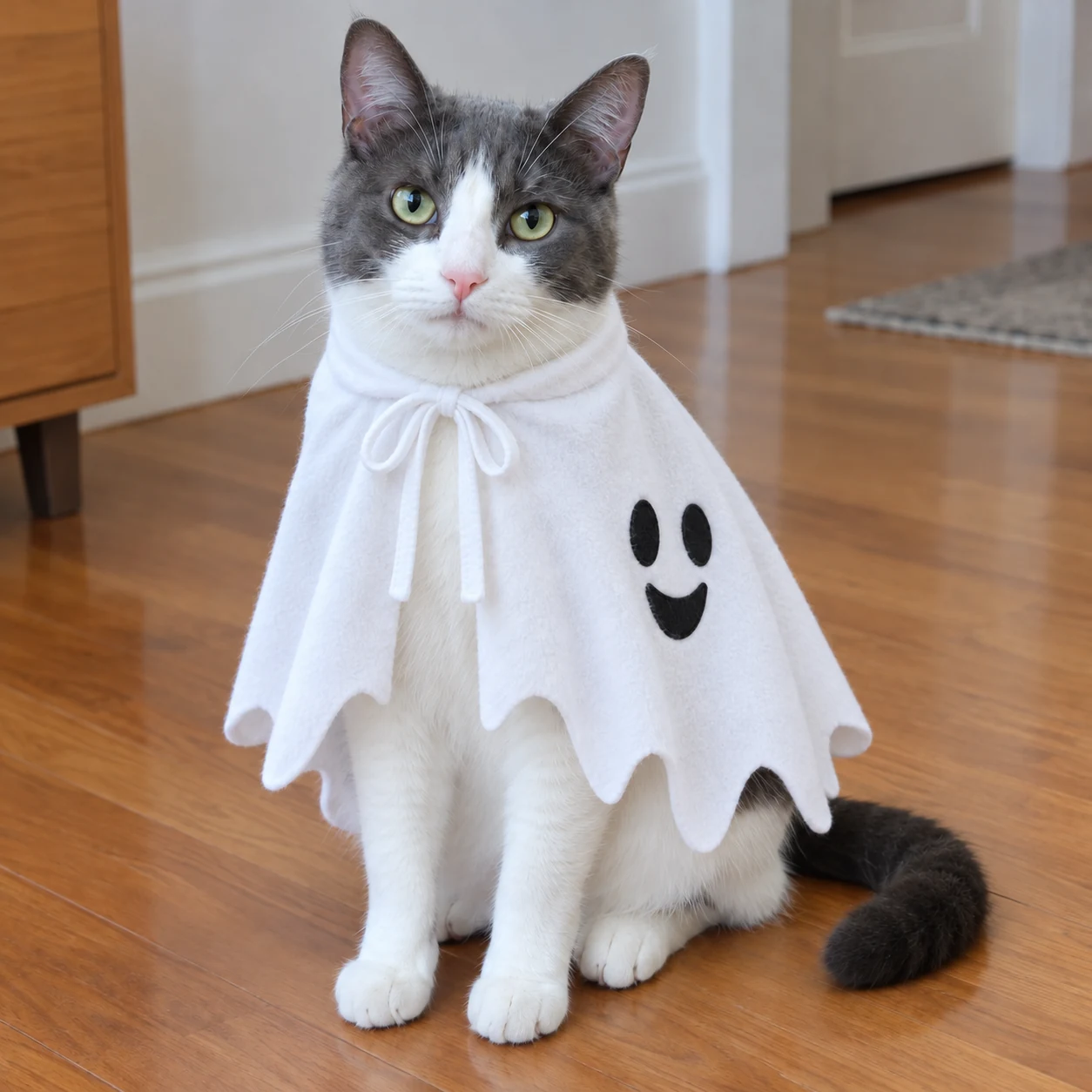 Gray and white cat in a white ghost cape with its face exposed