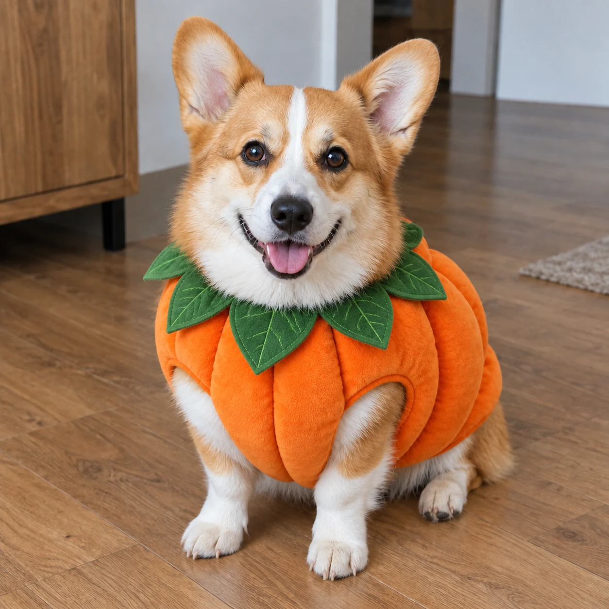 Dog wearing an orange pumpkin costume in its original setting