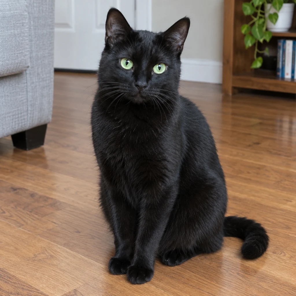 Black cat with visible face and body before the witch-costume edit