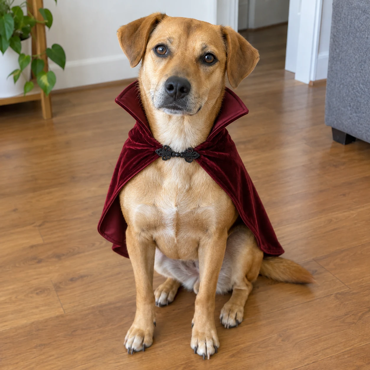 Short-haired dog wearing a burgundy vampire cape