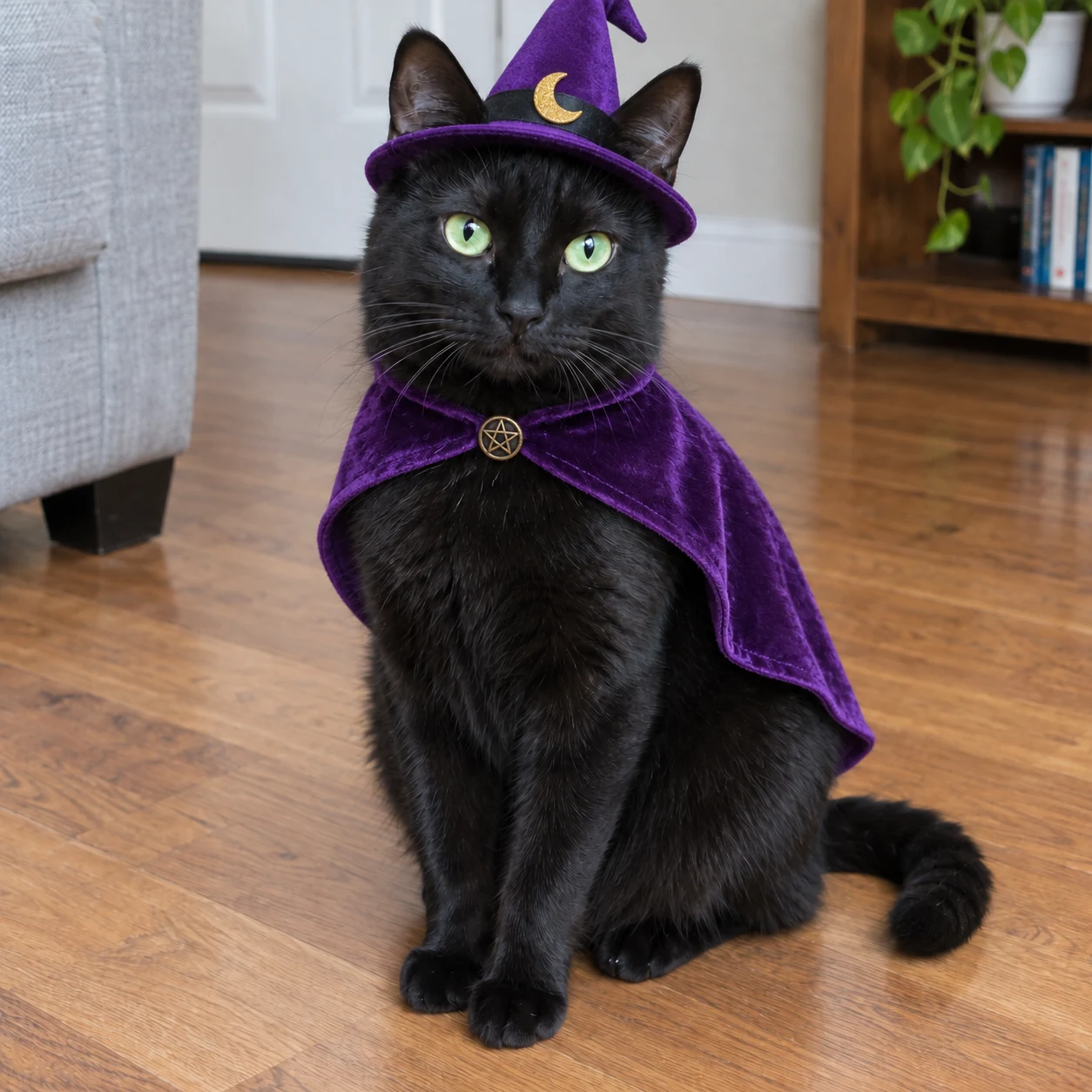 Black cat wearing a purple witch hat and small cape