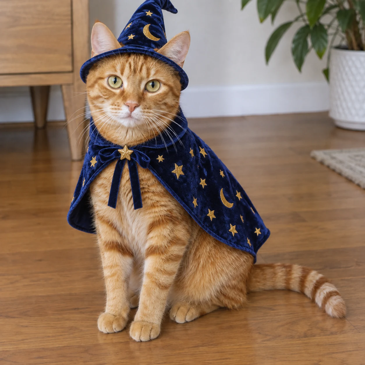 Orange cat wearing a star-and-moon wizard cape