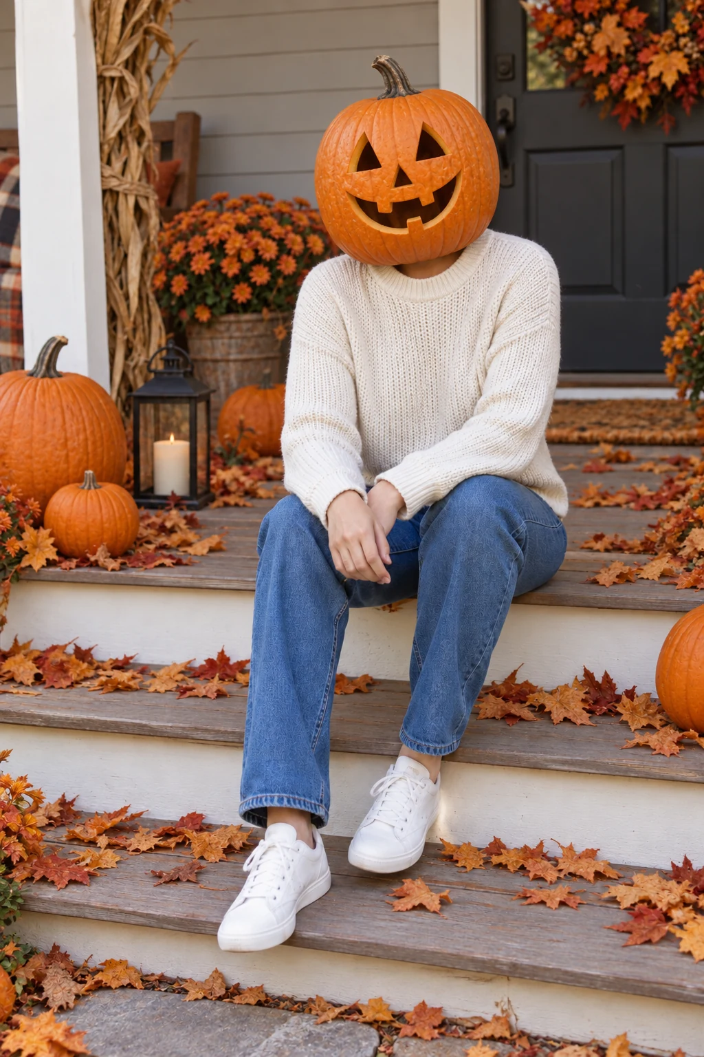 Person with a pumpkin head sitting on a leaf-covered porch