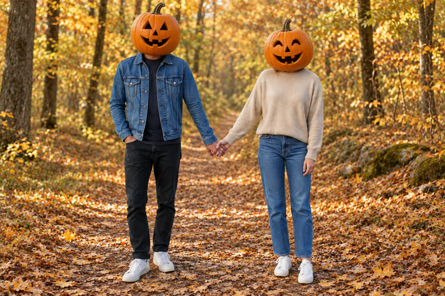 Two people with pumpkin heads holding hands on a forest path