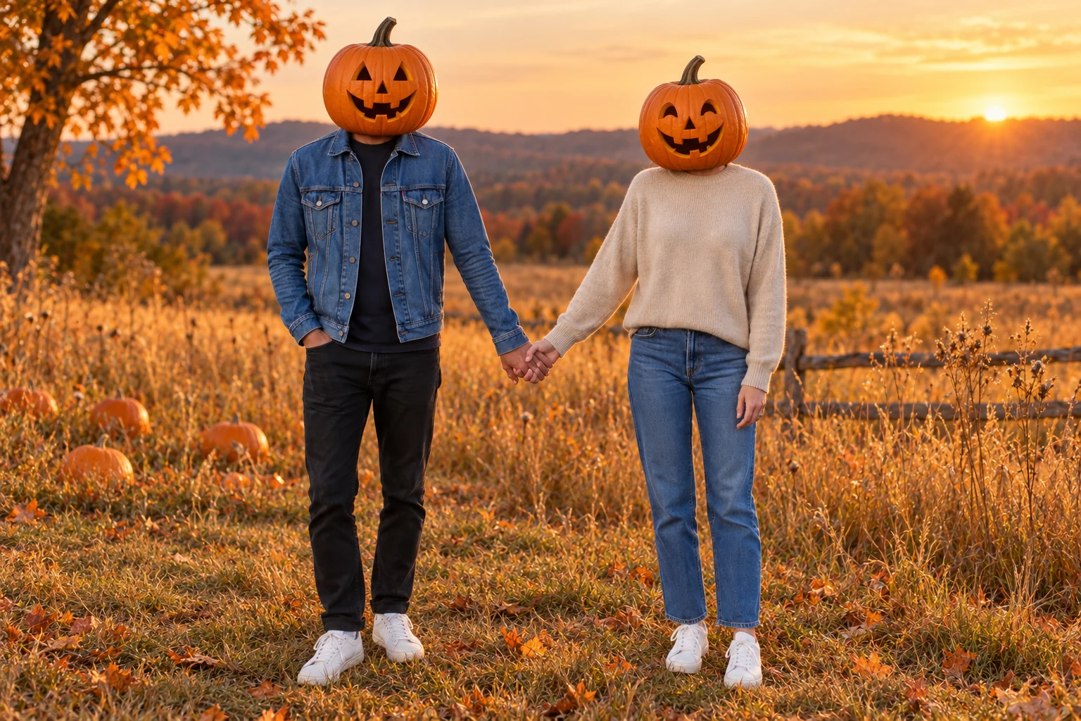 Two people with pumpkin heads holding hands in an autumn field