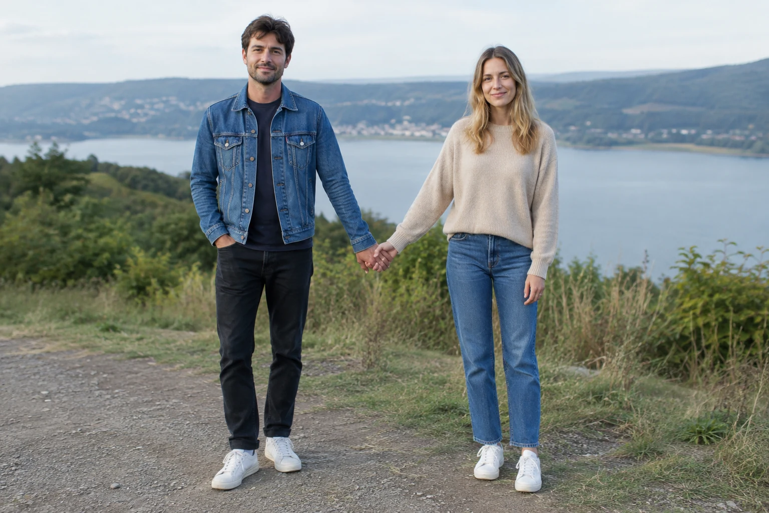 Two adults holding hands in an outdoor photo before the pumpkin-head edit