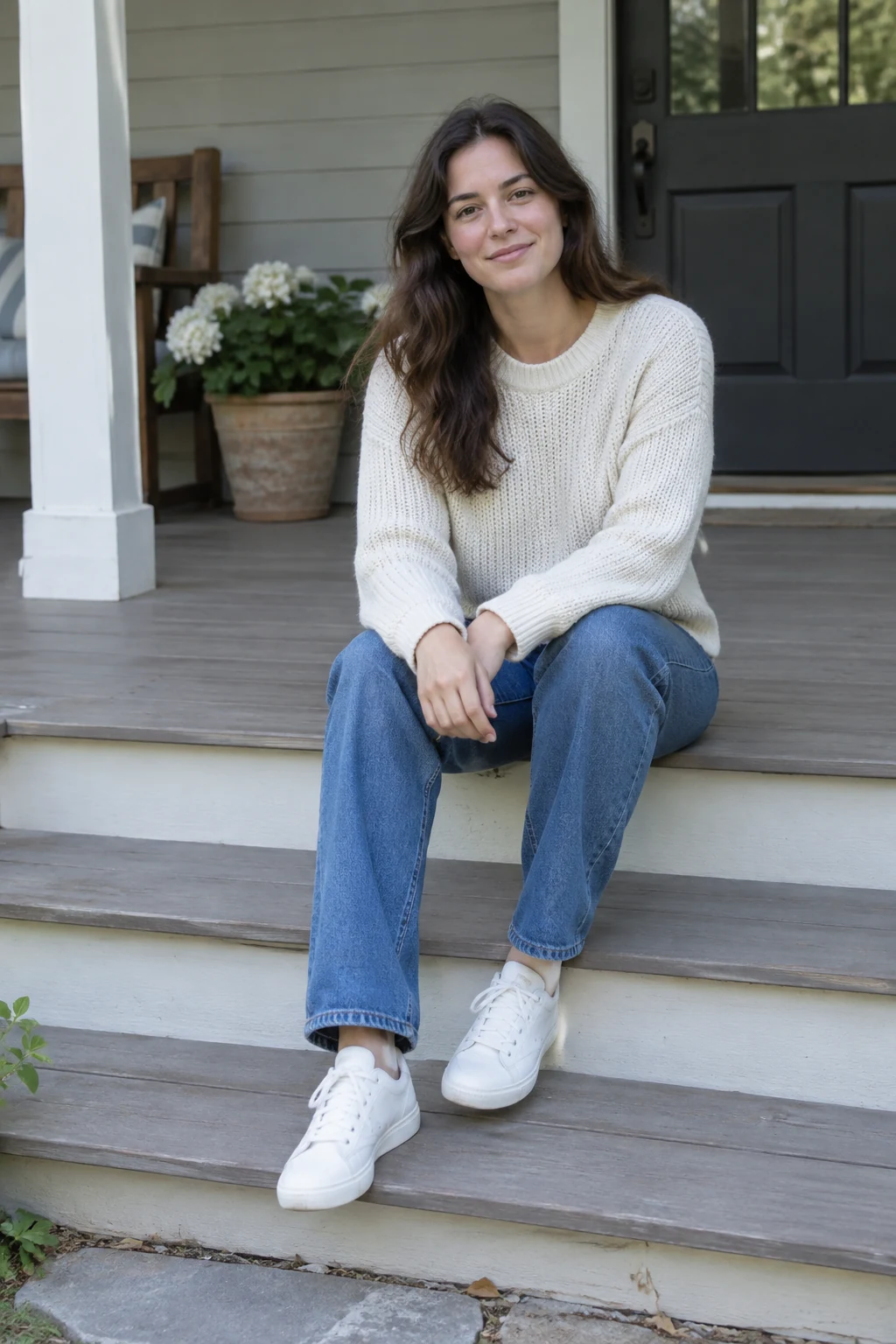 Adult seated on a porch before the pumpkin-head edit