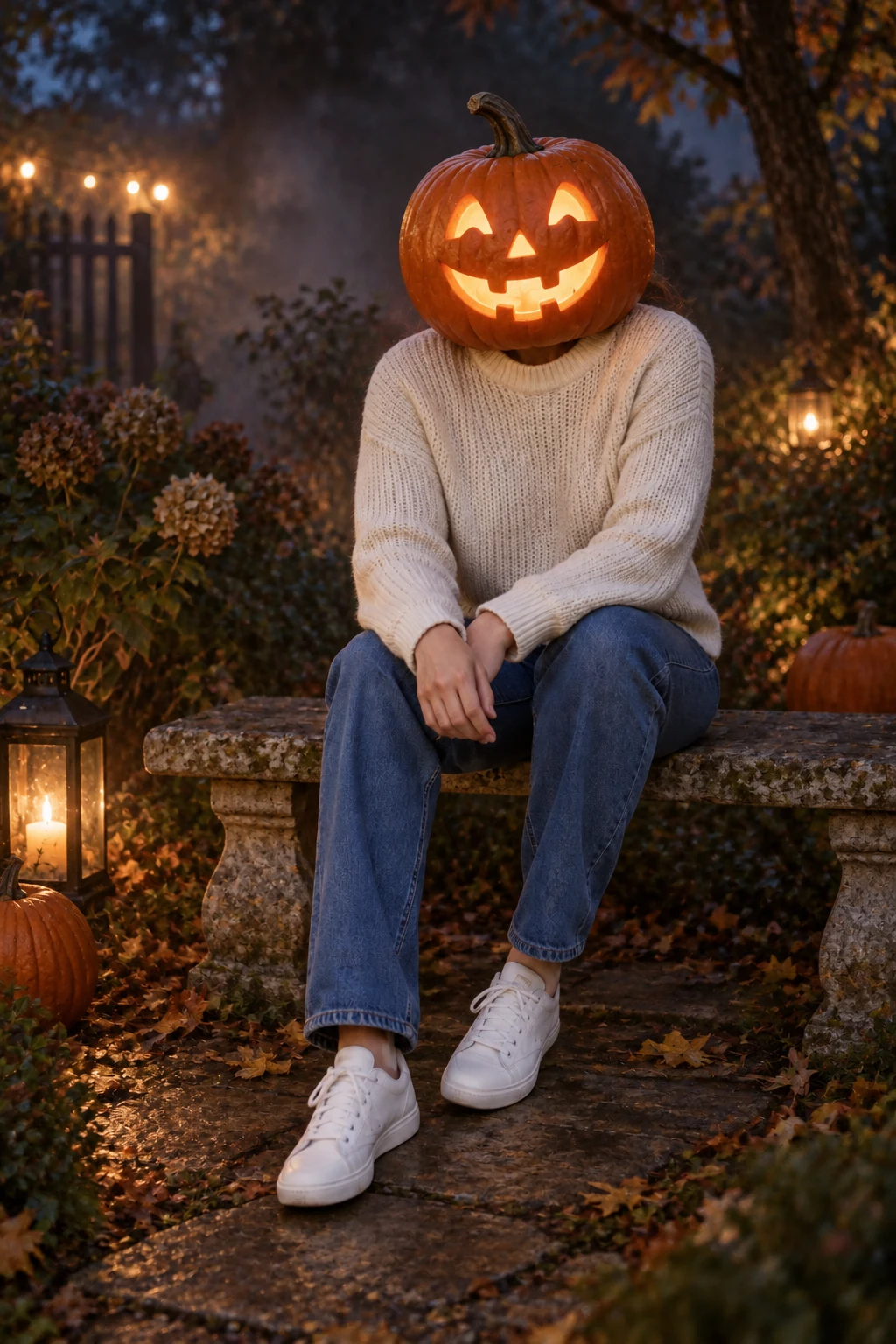 Pumpkin-headed person in a dim garden with a glowing carved pumpkin