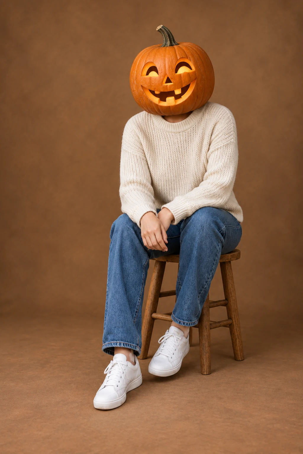 Seated full-body pumpkin-head portrait against a warm brown backdrop