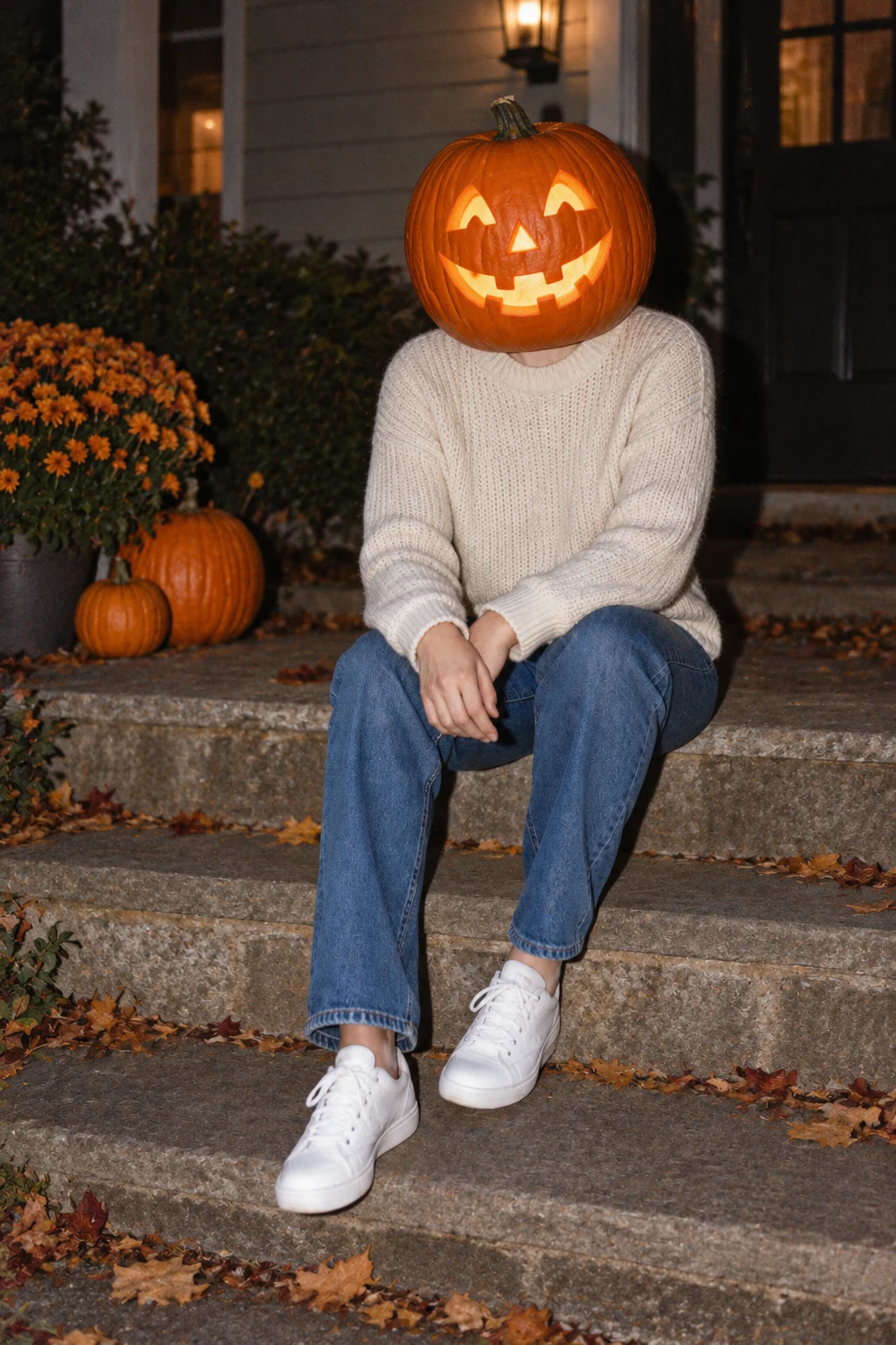 Pumpkin-headed person in a sweater photographed with direct flash
