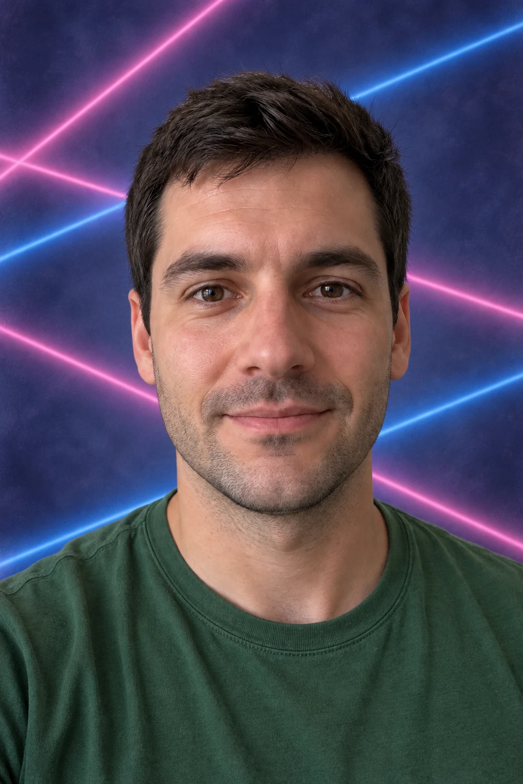 Portrait with pink and blue laser lines on a dark backdrop